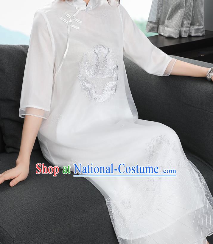 Chinese Women Classical Qipao Dress Traditional Embroidered Dragon White Chiffon Cheongsam