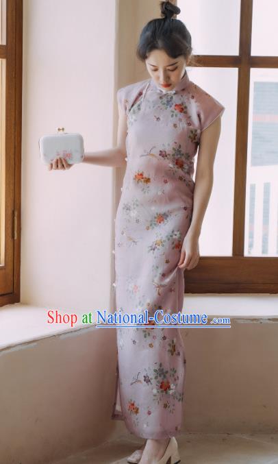 Republic of China Classical Short Sleeve Cheongsam National Printing Flowers Pink Qipao Dress Shanghai Beauty Clothing