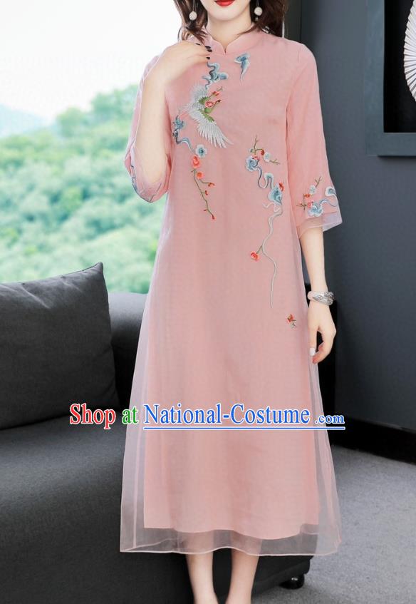 Chinese Traditional Embroidered Crane Pink Chiffon Cheongsam Women National Classical Qipao Dress