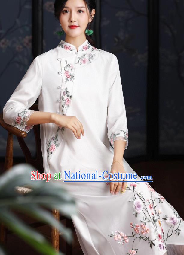 Chinese Traditional Women Cheongsam National Classical Embroidered White Organza Qipao Dress