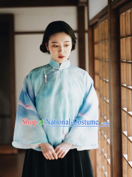 China Tang Suit Blouse Clothing Classical Printing Blue Organza Shirt Cheongsam Upper Outer Garment