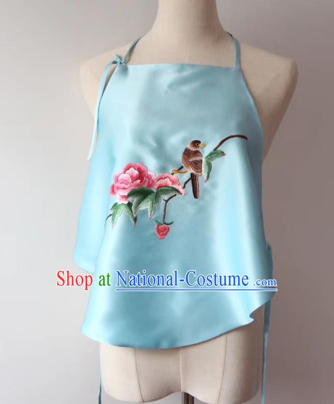 Chinese Embroidered Peony Bird Bellyband National Light Blue Silk Stomachers Tang Suit Women Underwear