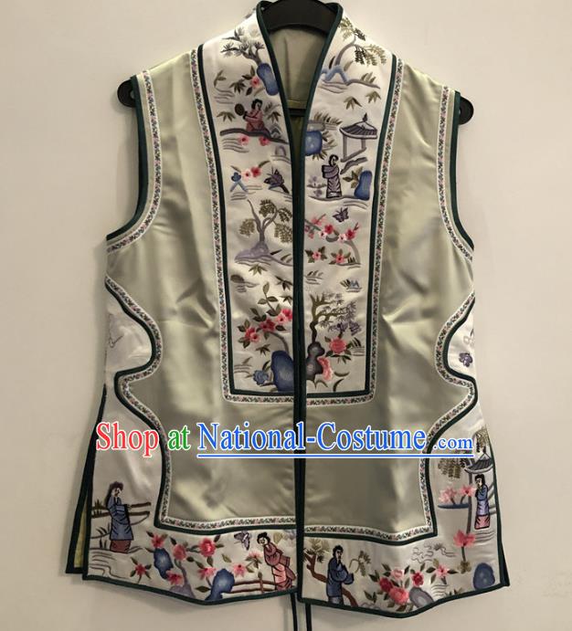 Chinese Embroidered Vest National Women Clothing Qing Dynasty Palace Lady Green Silk Waistcoat