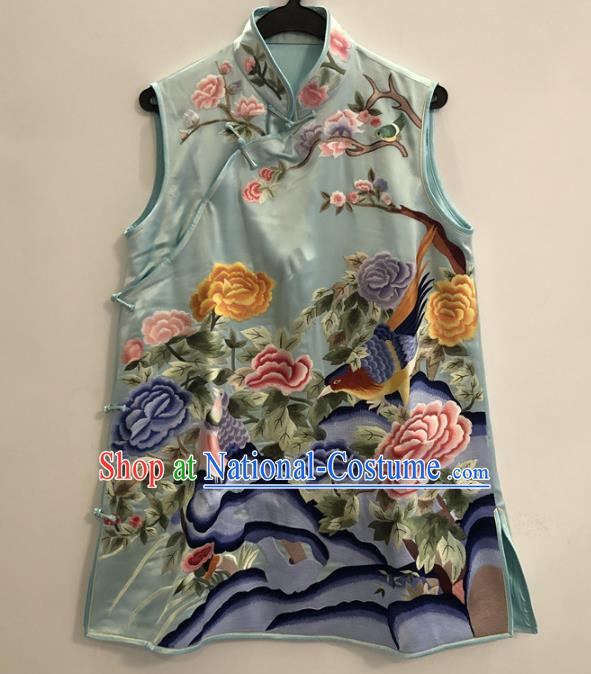 Chinese Embroidered Peony Vest National Women Clothing Tang Suit Upper Outer Garment Blue Silk Waistcoat