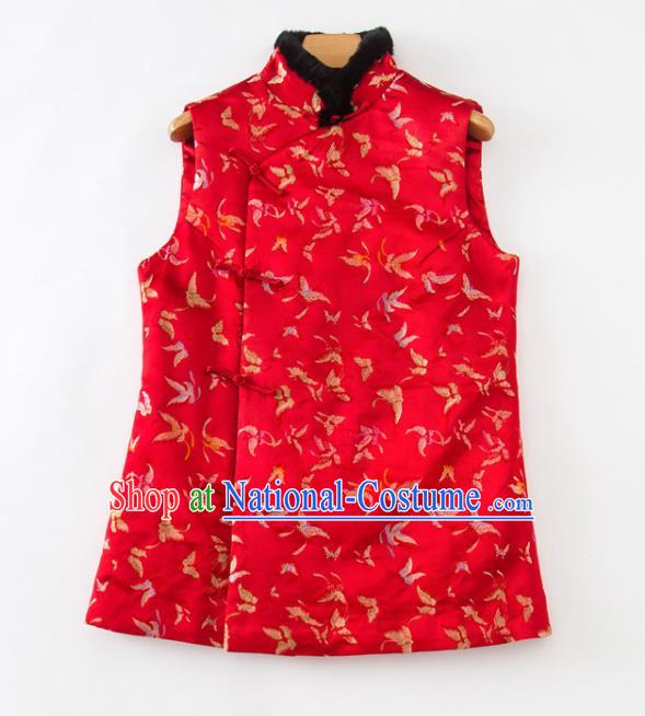 Chinese National Women Clothing Tang Suit Winter Red Waistcoat Classical Butterfly Pattern Vest