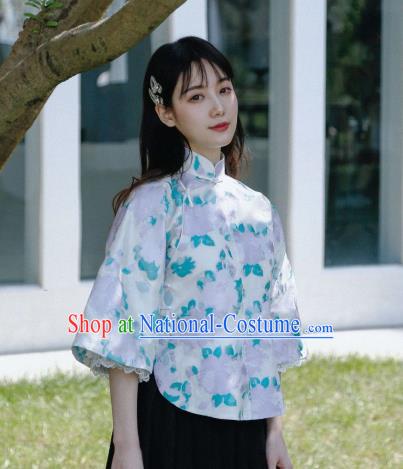 China Tang Suit Upper Outer Garment Cheongsam Wide Lace Sleeve Blouse Classical Printing Flowers Shirt