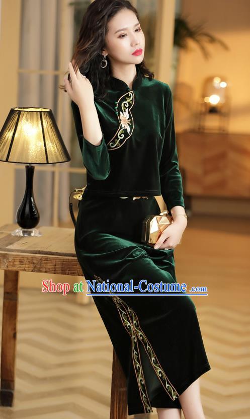 Chinese National Classical Embroidered Green Velvet Blouse and Skirt Traditional Women Tang Suit Clothing