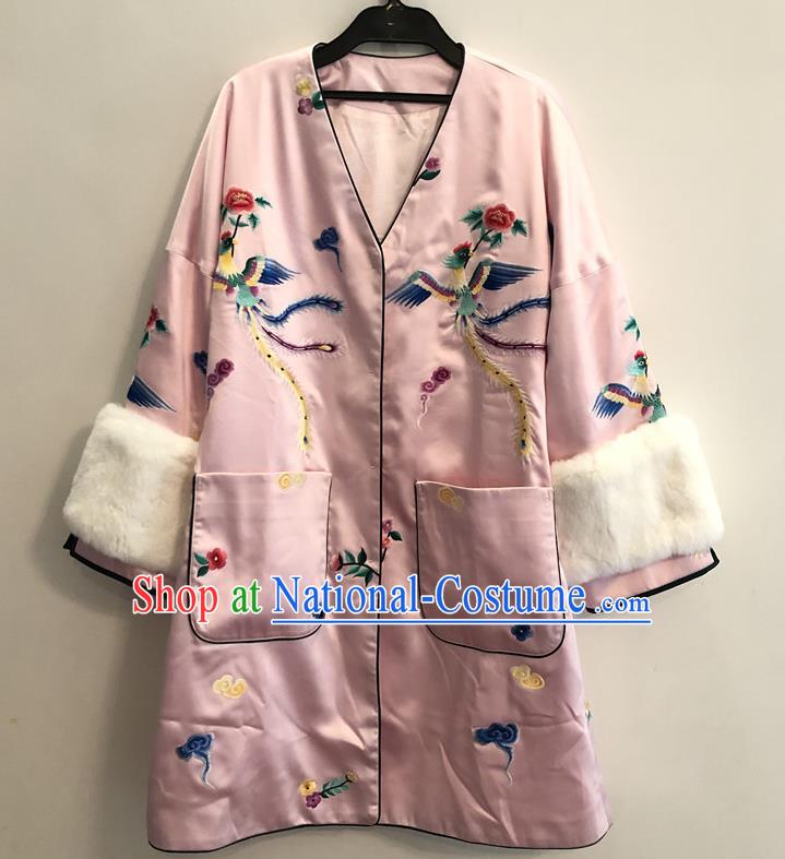 China Woman Outer Garment Winter Pink Silk Coat Traditional Embroidered Phoenix Peony Dust Coat