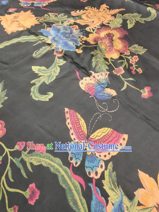 China Traditional Gambiered Guangdong Gauze Classical Flowers Butterfly Pattern Black Silk Fabric