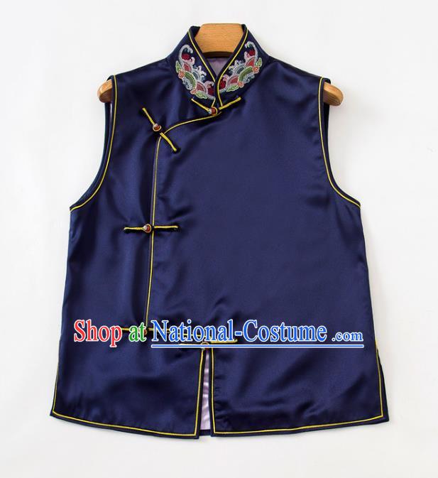 Chinese Tang Suit Navy Silk Waistcoat Classical Embroidered Vest National Women Clothing