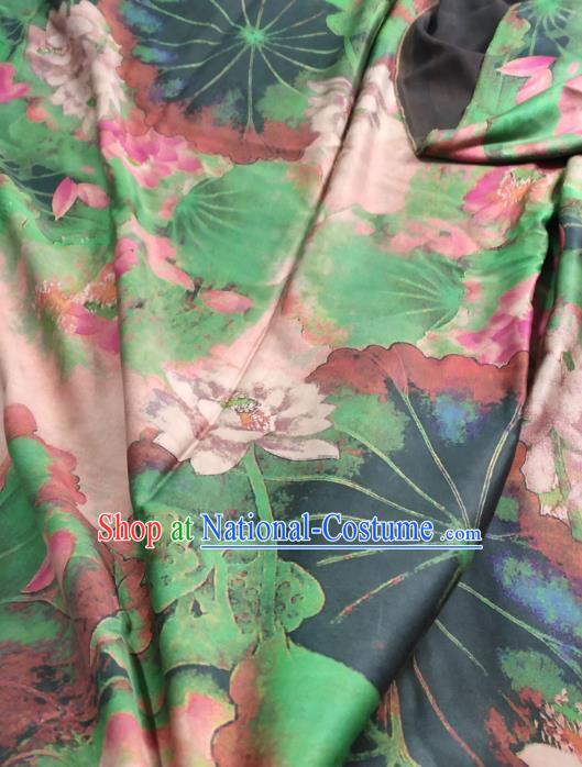 China Classical Lotus Pattern Green Silk Fabric Traditional Gambiered Guangdong Gauze