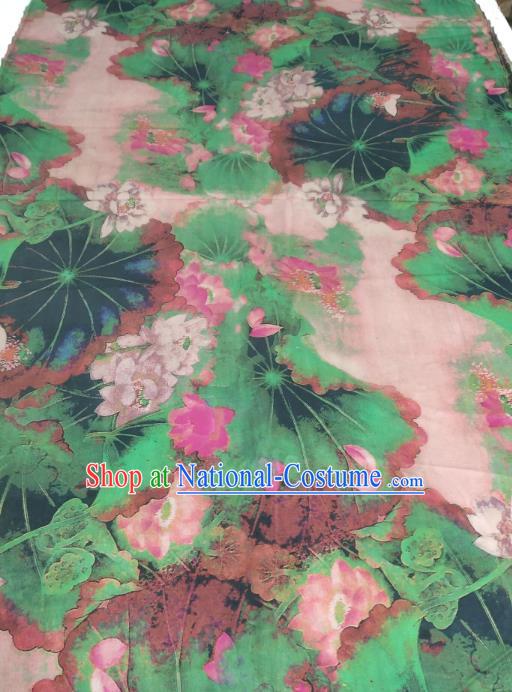 China Classical Lotus Pattern Green Silk Fabric Traditional Gambiered Guangdong Gauze