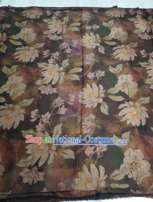 China Classical Mangnolia Pattern Brown Silk Traditional Gambiered Guangdong Gauze Cheongsam Fabric