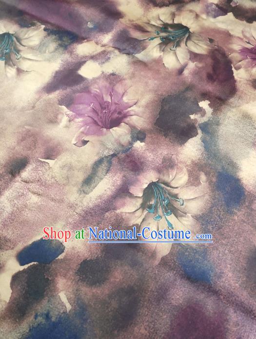 China Traditional Lily Flowers Pattern Gambiered Guangdong Gauze Cheongsam Satin Fabric Classical Purple Silk Cloth