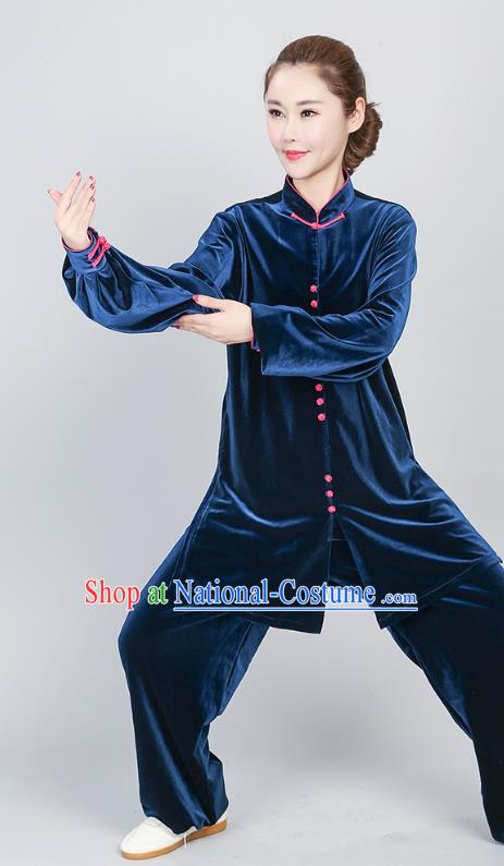 China Kung Fu Competition Clothing Tai Chi Performance Costumes Martial Arts Peacock Blue Pleuche Uniforms