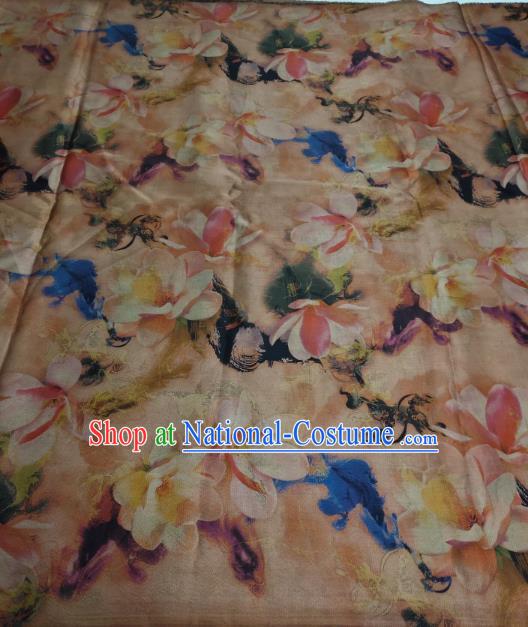 China Traditional Mangnolia Pattern Brown Gambiered Guangdong Gauze Cheongsam Fabric Classical Silk Cloth