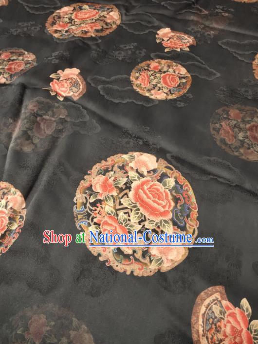 China Traditional Round Peony Pattern Gambiered Guangdong Gauze Cheongsam Satin Fabric Classical Black Silk Cloth