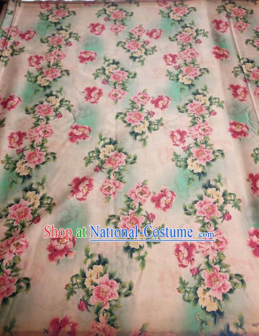 China Light Pink Satin Cloth Cheongsam Silk Fabric Traditional Peony Pattern Gambiered Guangdong Gauze