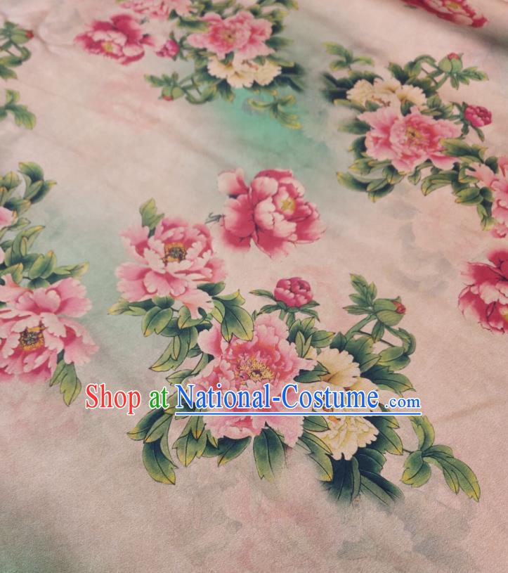 China Light Pink Satin Cloth Cheongsam Silk Fabric Traditional Peony Pattern Gambiered Guangdong Gauze