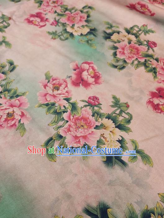 China Light Pink Satin Cloth Cheongsam Silk Fabric Traditional Peony Pattern Gambiered Guangdong Gauze