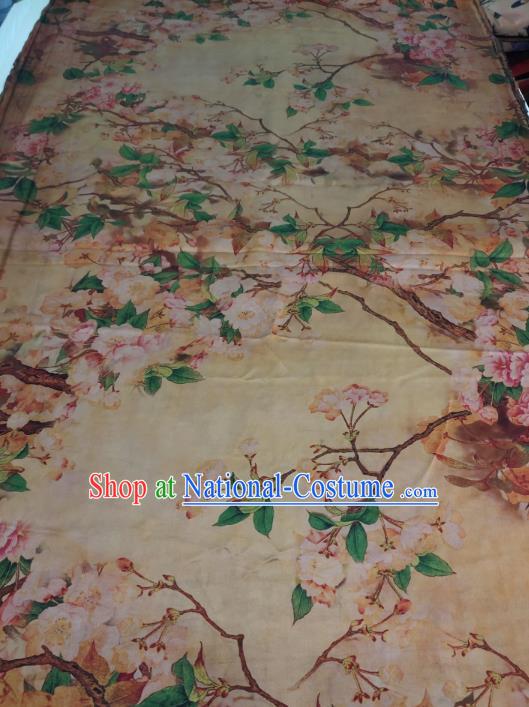 China Yellow Satin Cloth Traditional Begonia Pattern Gambiered Guangdong Gauze Cheongsam Silk Fabric