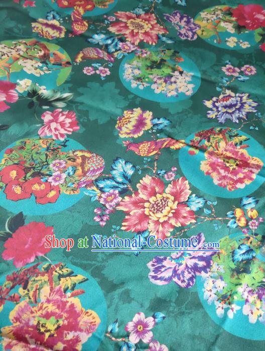 China Traditional Cheongsam Silk Fabric Peony Pattern Gambiered Guangdong Gauze Green Satin Cloth