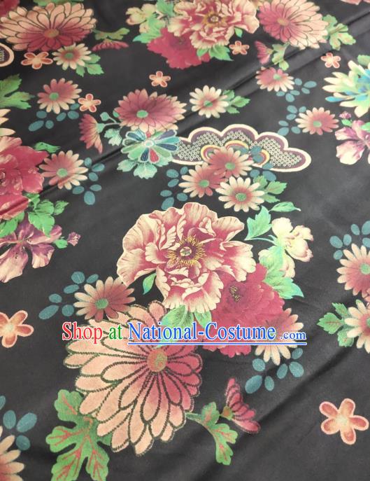 China Cheongsam Gambiered Guangdong Gauze Traditional Silk Fabric Classical Chrysanthemum Pattern Black Satin Cloth