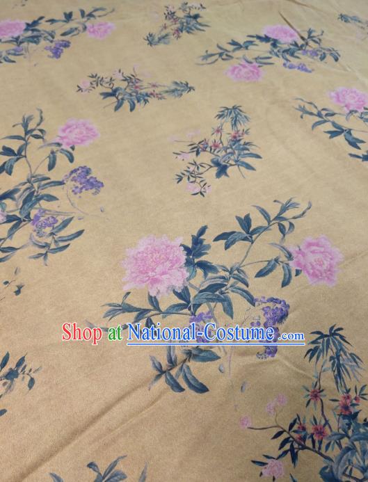 China Classical Peony Pattern Yellow Satin Cloth Cheongsam Gambiered Guangdong Gauze Traditional Silk Fabric