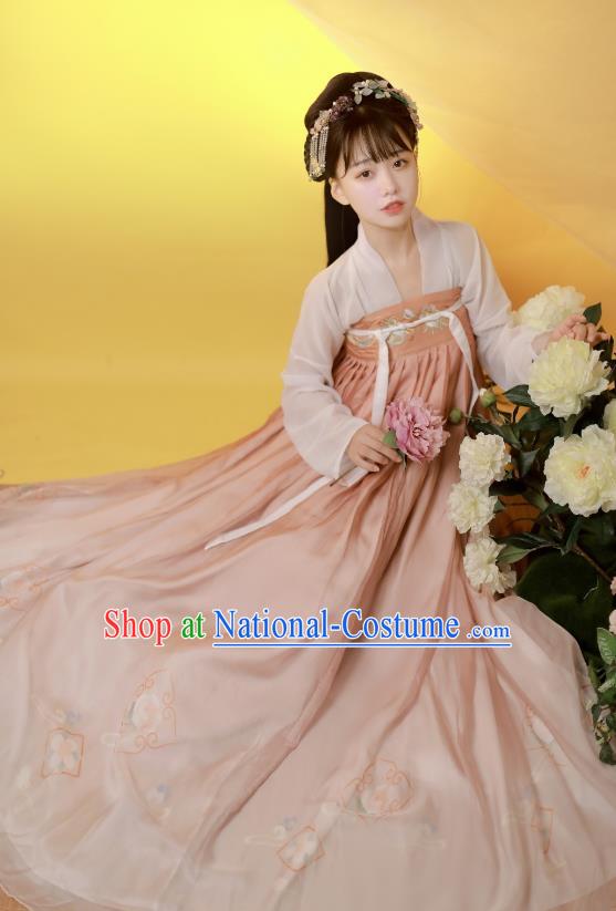 Traditional China Tang Dynasty Historical Costumes Ancient Young Lady Pink Hanfu Dress Garment