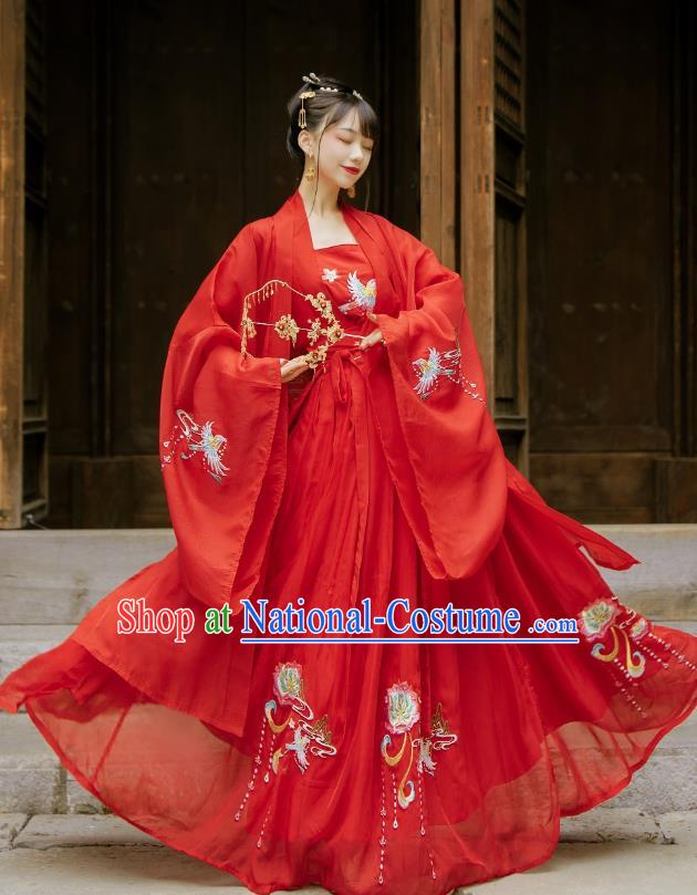 China Ancient Wedding Hanfu Garment Traditional Song Dynasty Princess Embroidered Red Dress Clothing