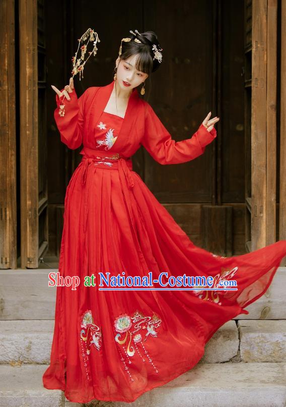 China Ancient Wedding Hanfu Garment Traditional Song Dynasty Princess Embroidered Red Dress Clothing