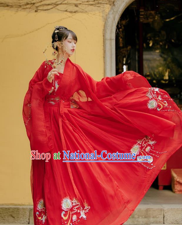 China Ancient Wedding Hanfu Garment Traditional Song Dynasty Princess Embroidered Red Dress Clothing