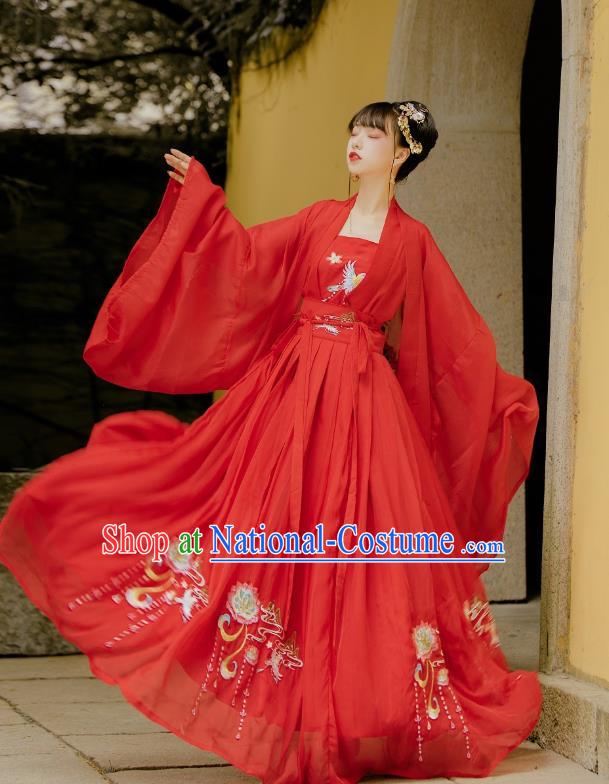 China Ancient Wedding Hanfu Garment Traditional Song Dynasty Princess Embroidered Red Dress Clothing