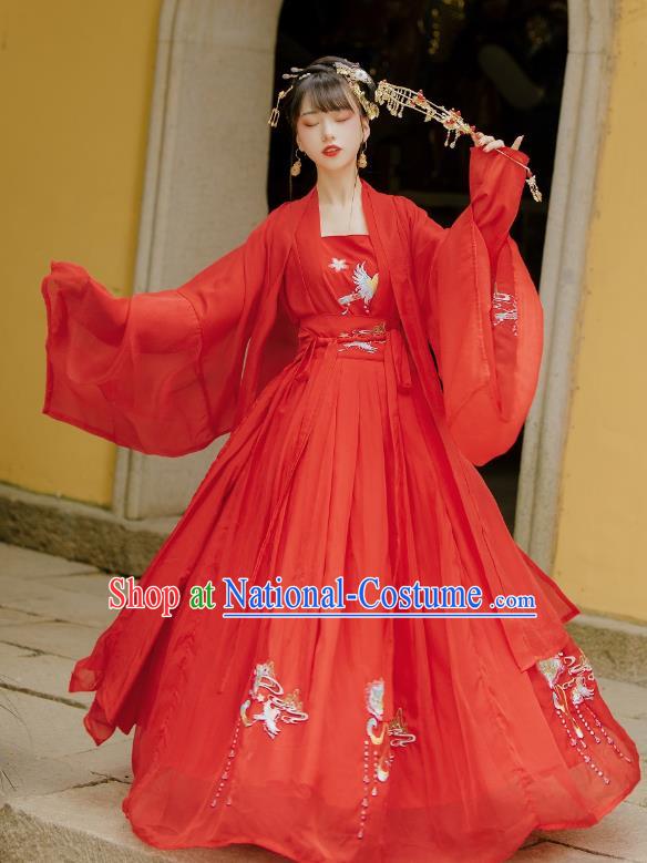 China Ancient Wedding Hanfu Garment Traditional Song Dynasty Princess Embroidered Red Dress Clothing