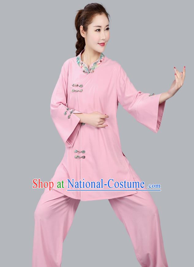 China Martial Arts Competition Pink Flax Uniforms Traditional Women Tai Chi Training Clothing