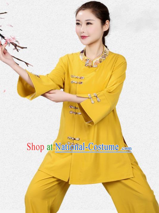 China Traditional Women Tai Chi Training Clothing Martial Arts Competition Yellow Flax Uniforms