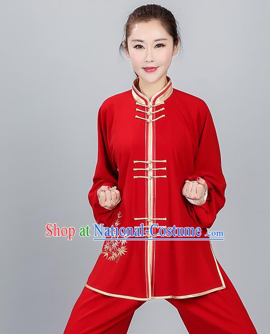 China Traditional Embroidered Bamboo Red Uniforms Women Kung Fu Costumes Martial Arts Competition Clothing