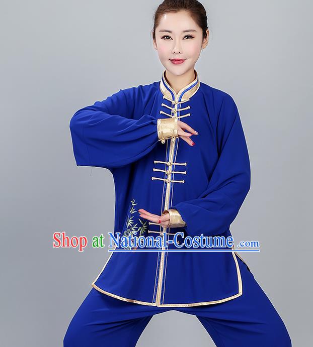 China Women Kung Fu Costumes Martial Arts Competition Clothing Traditional Embroidered Bamboo Royalblue Uniforms