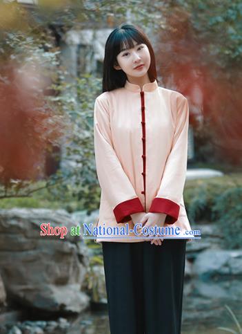 China Woman Tang Suit Pink Cotton Padded Jacket Traditional Tai Chi Flax Clothing