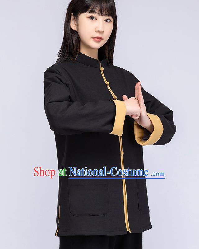 China Traditional Tai Chi Flax Winter Clothing Woman Tang Suit Black Cotton Padded Jacket