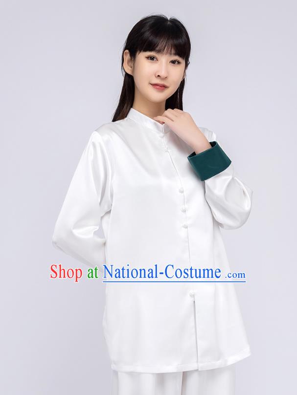 China Woman Kung Fu White Silk Uniforms Traditional Tang Suit Costumes Shirt and Pants