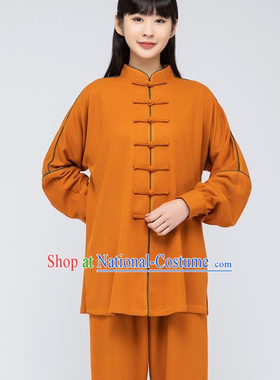 China Traditional Kung Fu Costumes Shirt and Pants Woman Tai Chi Orange Flax Uniforms