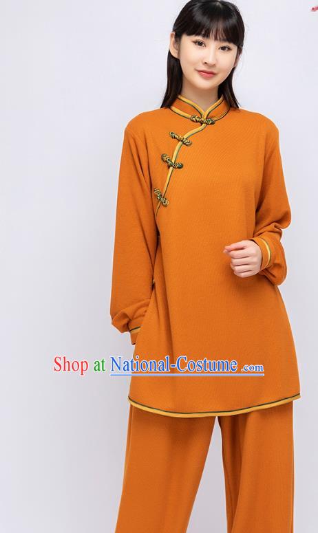 China Woman Tai Chi Orange Uniforms Traditional Kung Fu Performance Costumes Martial Arts Shirt and Pants