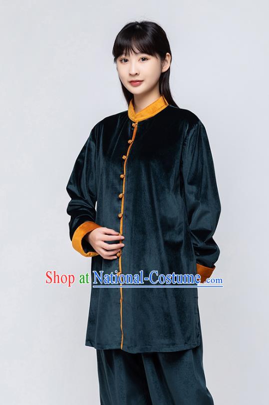 China Woman Tai Chi Training Navy Pleuche Uniforms Traditional Kung Fu Costumes Martial Arts Competition Clothing