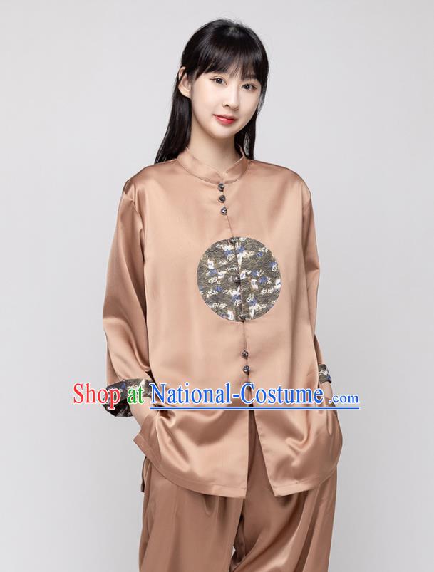 China Kung Fu Clothing Woman Tai Ji Performance Brown Silk Uniforms Traditional Martial Arts Costumes