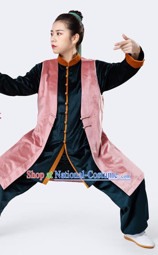 China Winter Woman Tai Chi Performance Uniforms Traditional Martial Arts Pink Vest Shirt and Pants