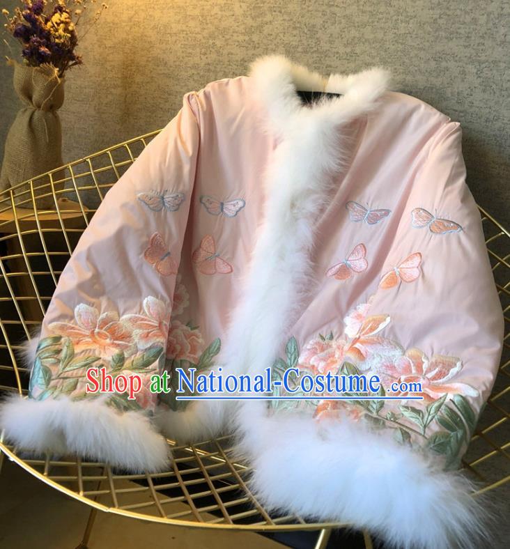 China Traditional Tang Suit Outer Garment Winter Woman Embroidered Pink Cotton Padded Jacket