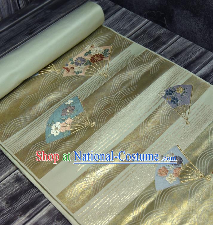 Traditional Japanese Classical Folding Fan Pattern Silk Fabric Asian Japan Kimono Belt Golden Brocade Material