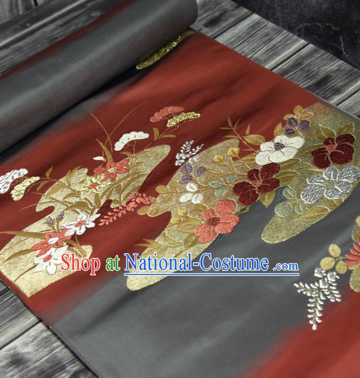 Traditional Japanese Classical Flowers Pattern Silk Fabric Asian Japan Kimono Belt Dark Red Brocade Material