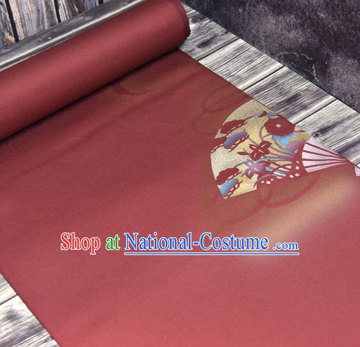 Traditional Japanese Fan Pattern Pure Silk Fabric Asian Japan Kimono Wine Red Brocade Material